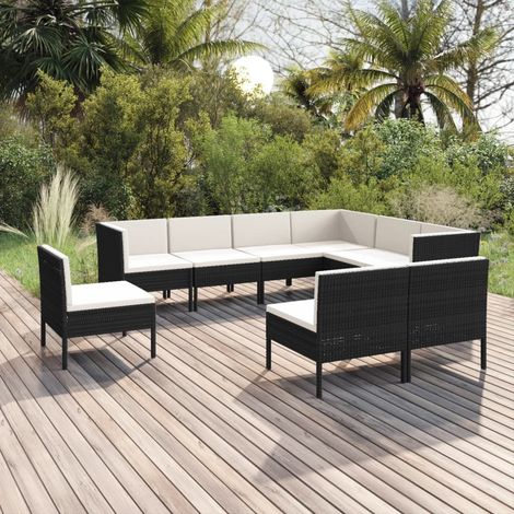 9-tlg. Garten-Lounge-Set mit Auflagen Poly Rattan Schwarz (1/5)