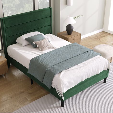 Lit rembourré 90 x 200 cm en lin vert avec matelas 7 zones, tête de lit capitonnée et sommier (1/5)