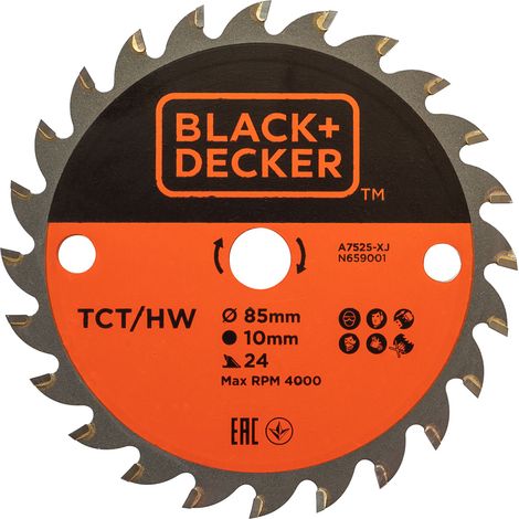 Black&Decker – Lame de scie circulaire TCT 85mm – Alésage 10mm – 24 dents pour coupe précise – Pour bois dur et teck - A7525-XJ (1/2)