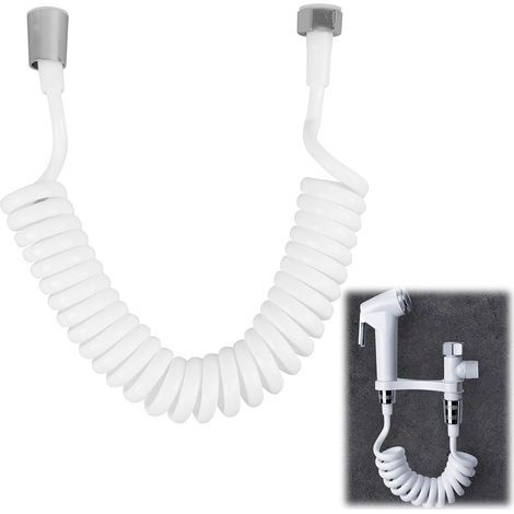 Flexible De Douche 2 Mètres, Tuyau En Mousse Avec Bouchon En Cuivre, Tuyau Rétractable Et Téléscopique Pour Douchette, Bidet Et WC, Design En Spiral Blanc, Tube À Ressort Télescopique (1/5)