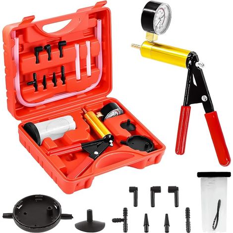 15pcs - 1set Red 2-in-1 Hand Vacuum Pump Brake Deflator Combo Kit, Brake System Deflator Tool Manual Vacuum Pump with Instrument Adapter Oil Replacement (1/5)