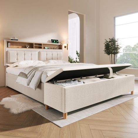 Lit capitonné 140x200 avec banquette et station de chargement USB - espace de rangement et confort aspect lin (sommier à lattes inclus, matelas non inclus) (1/5)