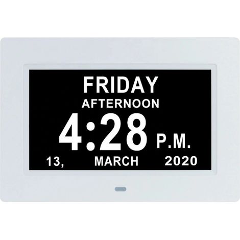 Horloge Calendrier LCD - Affichage Date Jour Heure Alarme - Réglage Auto-Dimming - 8 Langues Dont Français - Pour Personnes Âgées Enfants Alzheimer - Blanc (1/5)