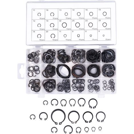Kit de 225 anneaux élastiques à clip en C, tailles assorties, anneaux de fixation de retenue en acier allié de caoutchouc pour cylindre de machine automobile (1/5)