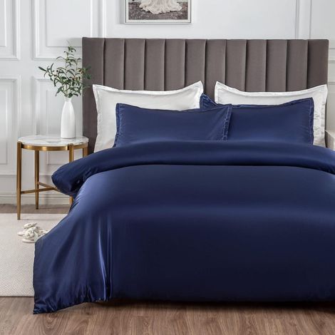 Bettwäsche-Set Satin Dunkelblau 200x200cm Kühlend mit Reißverschluss
