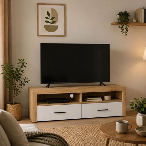 Mueble para TV Lilazafa: 2 cajones, 3 estantes, 2 compartimentos, 155x50x48h cm, blanco (1/4)