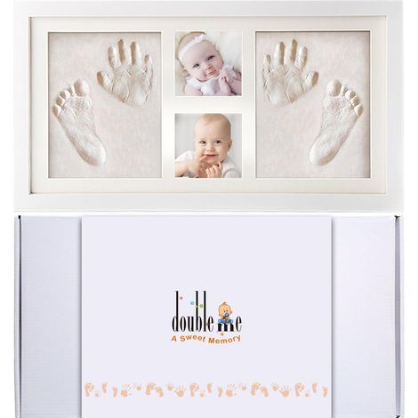 Kit de Moulage D'empreintes de Pieds et Mains pour Bébé, Cadre de Photo pour Souvenir la Naissance et Jumeaux, Cadeau de Baptême - Deux Empreintes et Deux Photos - Blanc (1/5)