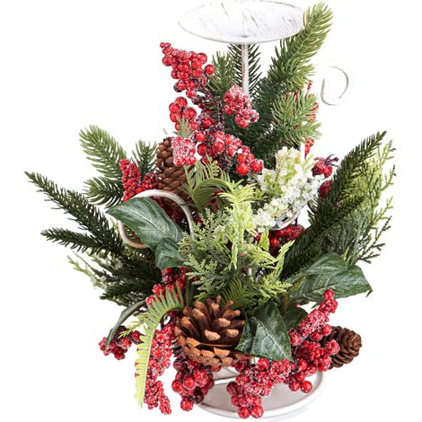 Portacandela decorativo con bacche e pigne per decorazioni natalizie -1 candela