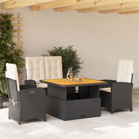 Juego comedor jardín 4 piezas con cojines ratán sintético negro