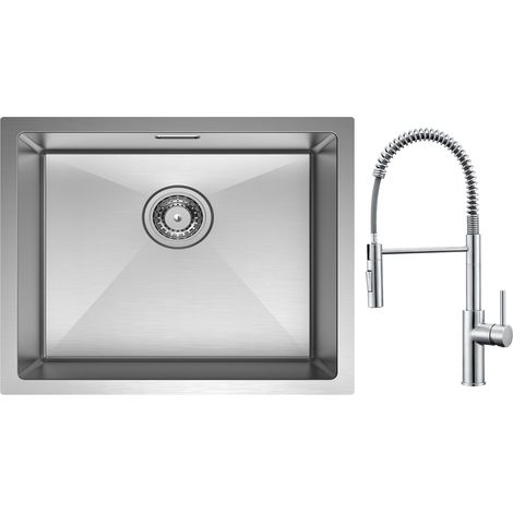 Cecipa Évier 1 Bac 50 x 44cm Évier de Cuisine en Acier Inoxydable Brossé + Mitigeur de Cuisine à Ressort avec Douchette Extractible, Robinet Evier 2 Modes de Sortie D'eau, Brossé (1/5)