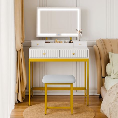 Coiffeuse avec miroir LED et tabouret rangement luminosité réglable cadre en métal Style Moderne Mondeer (1/5)