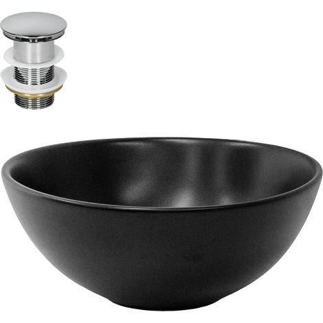 ML-Design Lavabo Diseño Redondo Ø 280 x 150 mm Negro de Cerámica Mate Fregadero para Pared o Sobre Encimera con Juego de Desagüe Cromado Lavamanos Estilo Moderno Pila para Mueble de Baño Aseo