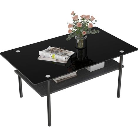 Table basse rectangulaire plateau verre noir, étagère MDF, structure métal, 2 niveaux de rangement, noir, H45 x L98 x P58 cm salon (1/5)