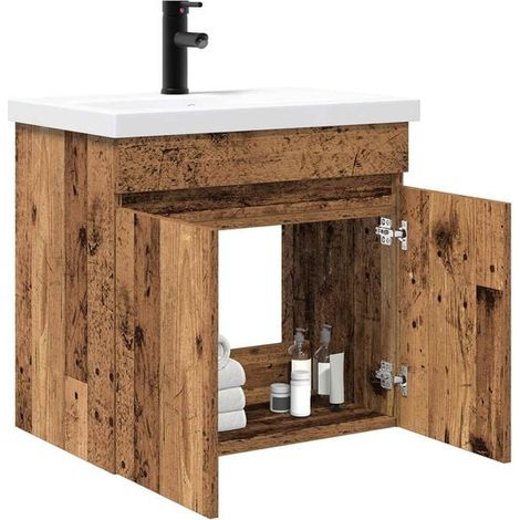 Meuble de Salle de Bain en Bois Style Rétro avec Robinet Intégré - Vasque et Meuble-Lavabo Vintage pour WC, Design Rustique Chêne Massif, Solution de Rangement Élégante (1/5)