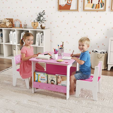 Ensemble table et 2 chaises pour enfants de 3 à 8 ans, table en MDF avec étagère et motif cœur, rose (1/5)