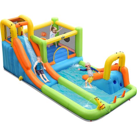 COSTWAY Parque Acuático, Casa Inflable con Doble Tobogán, Canasta de Baloncesto, Lanzador de Puntos, Juego de Lanzamiento de Anillos, Pared de Escalada, Incluye Anillos de Plástico (Sin Soplador)