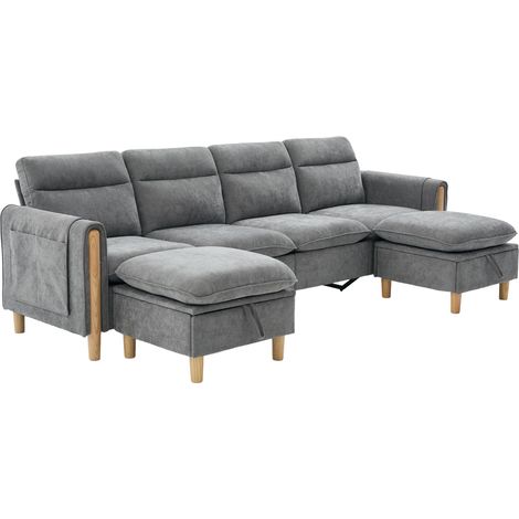 Sofá modular en U de chenilla gris claro con 2 pufs con almacenaje y patas de madera (1/5)