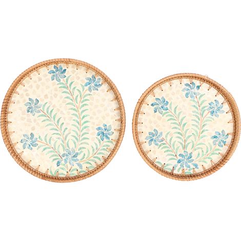 2 pièces plateau de service de collation tissé rond écologique style artistique traditionnel fait à la main en rotin décoratif pour la nourriture motif cymbidium de fruits (1/5)