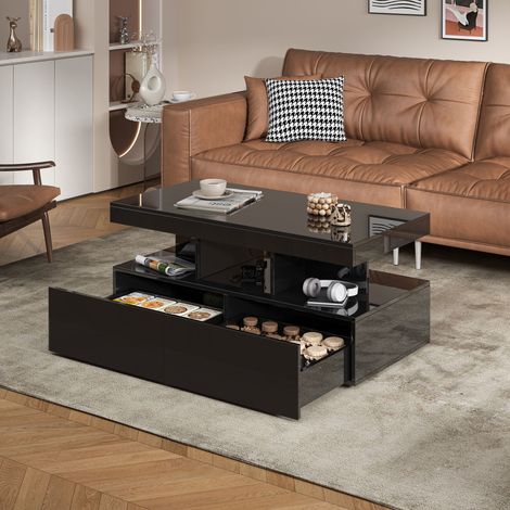 Couchtisch, Wohnzimmertisch, Salontisch, LED-Couchtisch in Hochglanz mit Stauraum und APP-/Fernbedienung, modernes zweischichtiges Design, Schwarz (1/5)