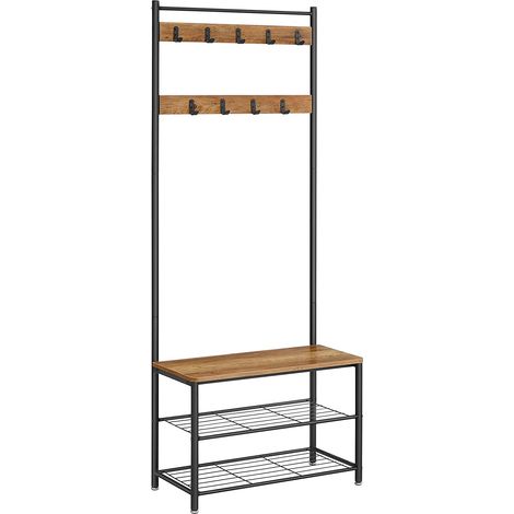 VASAGLE Appendiabiti con Scarpiera, Mobile da Ingresso con Panca, 3 in 1, Struttura in Acciaio, per Entrata Corridoio, 32 x 70 x 177 cm, Stile Industriale, Noce Medio e Nero HSR041B41 (1/5)