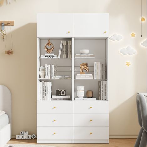 Set 2 vetrine libreria 50x40x180 cm bianche in MDF e vetro con ripiani regolabili, anta e 3 cassetti (1/4)