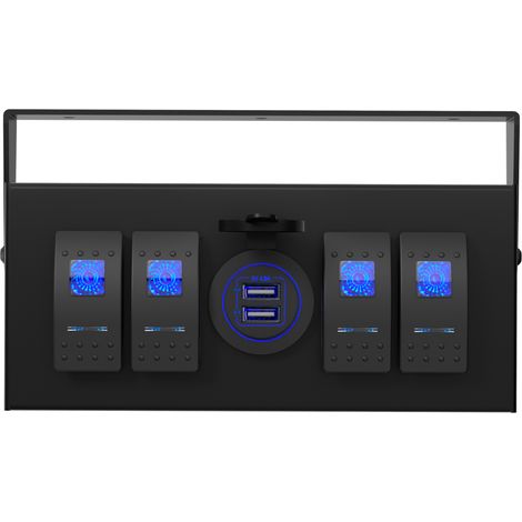 Ortviai Boîtier de commande 4 voies avec interrupteurs à bascule bleus et double port USB 4,8 A – Aluminium noir 12/24 V