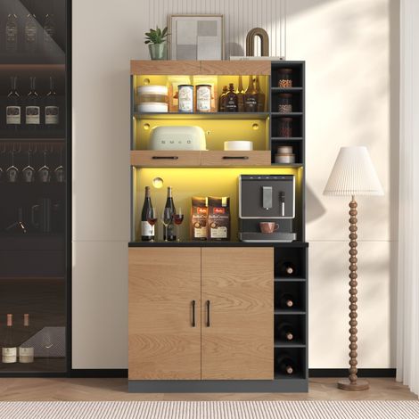 Buffet de Cuisine 100x47x187cm - Éclairage LED Ambiance - Grand Espace Micro-ondes & Étagères Ajustables - Gris et Naturel (1/5)