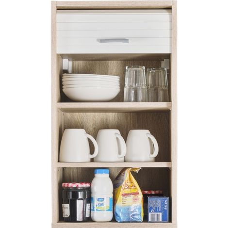 Beaux Meubles Pas Chers – Meuble haut de cuisine chêne avec rideau coulissant – 2 étagères réglables – Dimensions L 40 x H 72 x P 35 cm – Coloris blanc ou noir