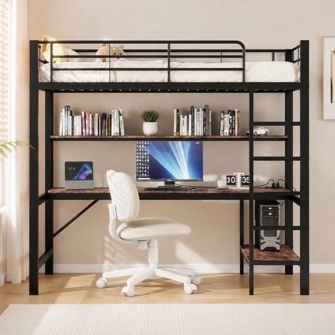 Cama alta infantil 90x200 cm con escritorio, estanterías, barandillas, escalera, LED de 7 colores, enchufe y USB, estructura de metal y MDF para estudio - CHICFURN (1/5)