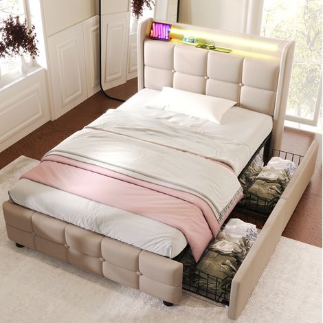 DESVIAE Lit simple capitonné avec tête de lit prises USB LED et 2 tiroirs de rangement 90 x 200 cm beige (1/5)
