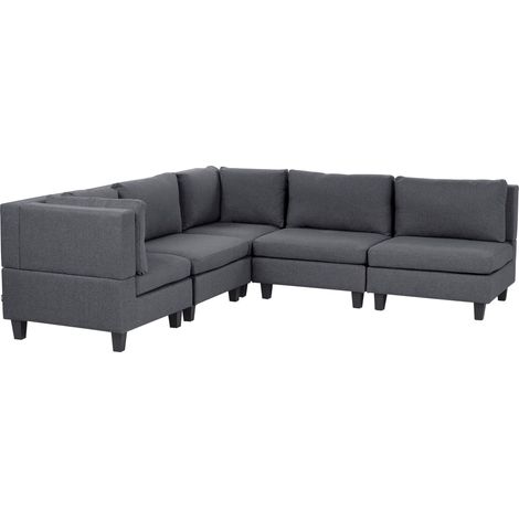 Modular Right Corner Sofa Dark Grey Fabric Upholstered 5 Seater Cushioned Backrest Modern Living Room Couch UNSTAD