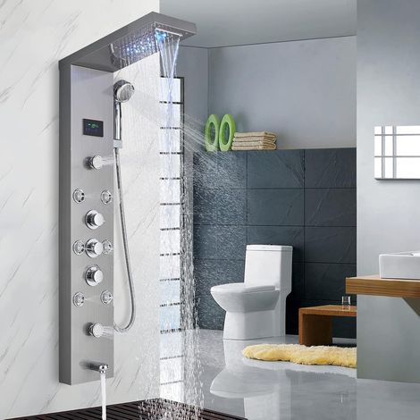 Suguword – Colonne de douche hydromassante 5 jets – Système de douche avec écran LED – Installation rapide – Acier inoxydable finition nickel brossé