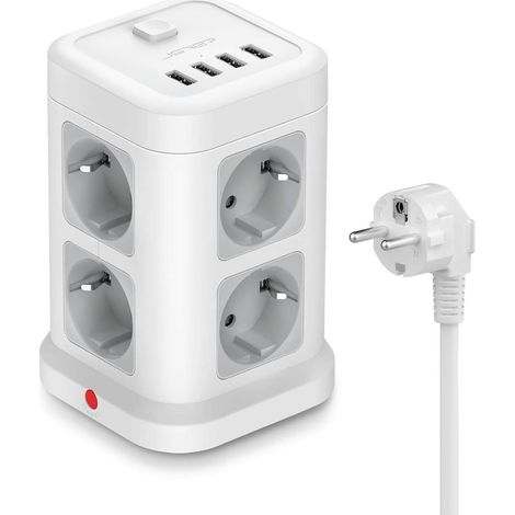 Multiprise USB 8 Prises, Bloc Tour Multiprise Electrique USB avec 4 Ports USB de Recharge (5V/3,4A,17W) Bloc Multiprise avec Interrupteur pour la Maison, Le Bureau, Câble de 2m-Blanc (1/5)