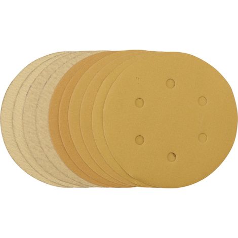 Gold Sanding Discs with Hook & Loop, 150mm, Assorted Grit - 120G, 180G, 240G, 320G, 400G (Pack of 10) (64284) (1/5)