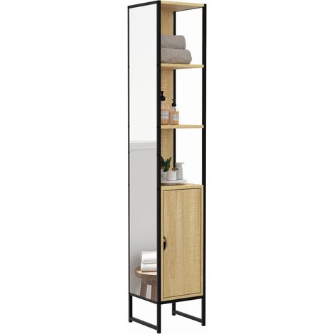 Idmarket – Meuble colonne salle de bain 1 porte avec miroir et étagères – Design industriel bois et métal noir – Dimensions 30x30x170 cm – Gain de place (1/5)