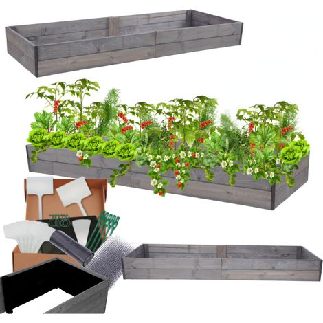 MODO24 Carré potager ZP06 surélevé en bois de pin massif pour jardin et terrasse, 18x163x60 cm, gris imprégné