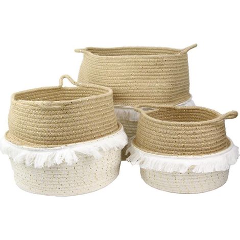 Lot de 3 Paniers Rétractables Cordage Coton Blanc Taupe et Doré avec Franges (1/4)
