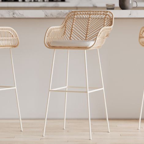 Tabouret de bar Bali - 51x47x92.5cm - avec coussin - rotin/blanc (1/5)