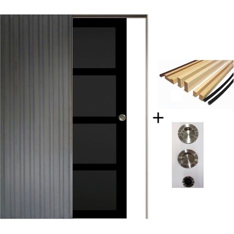 Porte Coulissante Telia Noir 4 Panneaux H204 X L73 Cm, Galandage, Kit Finition (coquille Et Tire Doigt) Gd Menuiseries