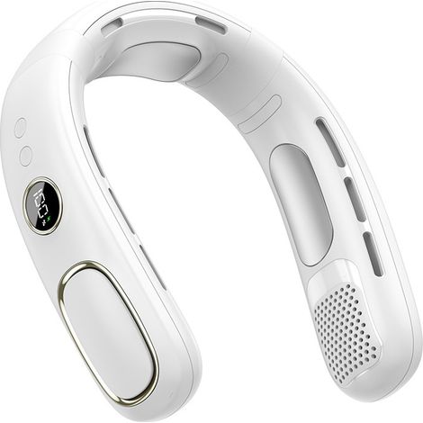 Ventilateur de cou blanc sans pales, modèle 2025, portable, rechargeable et avec affichage numérique, idéal pour le sport en extérieur. (1/3)