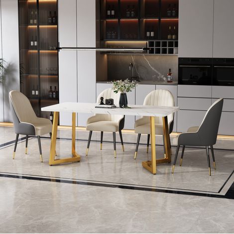 Table à manger rectangulaire 117 x 68 cm, plateau MDF effet marbre, pieds métalliques dorés HAVRYA (1/5)