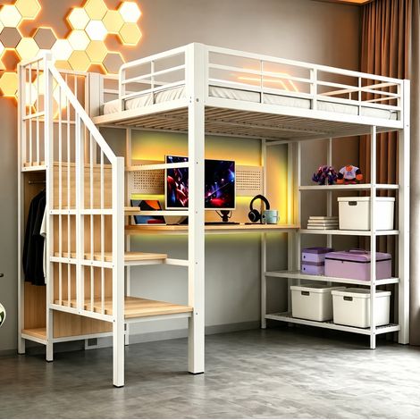 Cama alta 90x200 cm blanca metal y madera - escritorio y escalera con almacenaje (1/5)