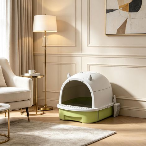 Maison de toilette pour chat, litière fermée avec porte translucide et poignée de transport (1/5)