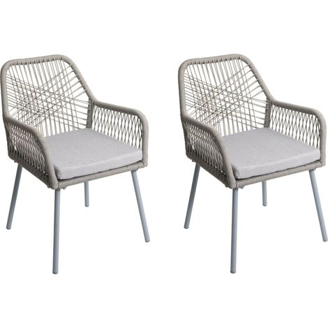 Lot de 2 chaises de jardin motif graphique aéré en aluminium gris corde tressée et coussins crème inclus 040009692