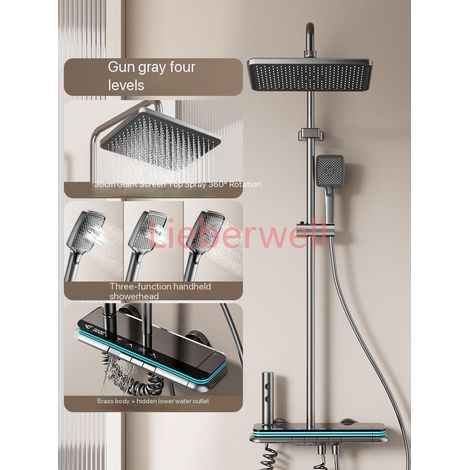 Ensemble complet de douche gris avec boutons piano et éclairage d'ambiance, affichage numérique, système de douche, robinets de pluie et pommeau de douche (1/5)