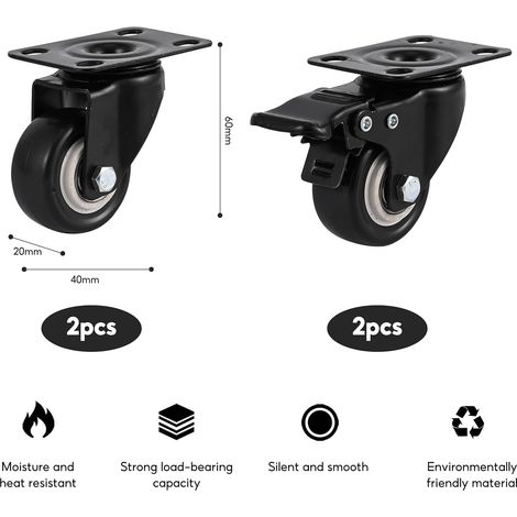 Ensemble de 4 roulettes pivotantes robustes pour meubles, noires, vis, 40 mm, capacité de charge 30 kg chacune, roues de chariot en caoutchouc, roulettes pivotantes silencieuses pour meubles (2 avec f (1/4)