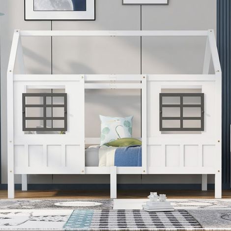 Lit cabane - SINGULARITY - Lit maison avec fenêtres - 90x200 cm - Blanc - Pin & MDF