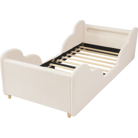Cama infantil 90 x 200 cm en bouclé beige con barrera, luz nocturna, puertos USB y somier (1/5)
