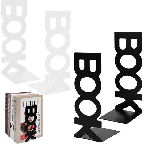 4 serre-livres métal décoratifs antidérapants blancs et noirs pour étagère, bureau et école (1/5)