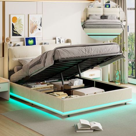 Bett Erwachsene - TANANT - 160x200 cm - Beigefarbenes Samt - Integrierte LED - Ergonomisch
